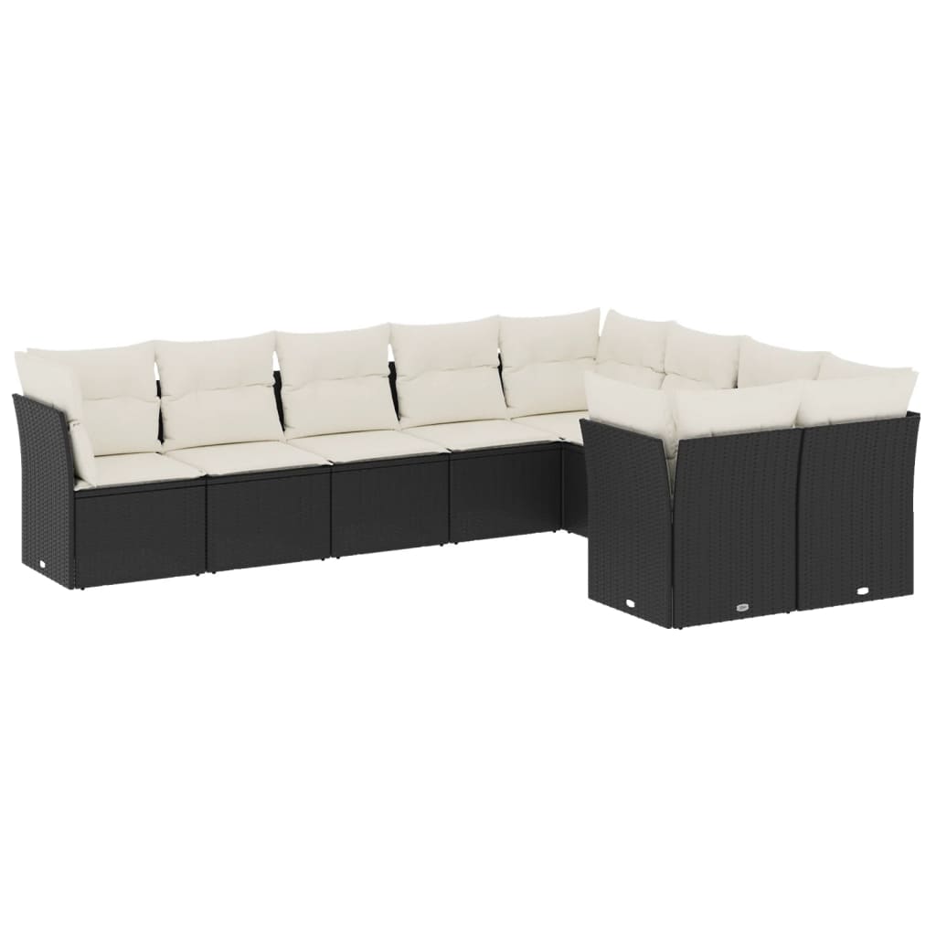 9-delige Loungeset met kussens poly rattan zwart