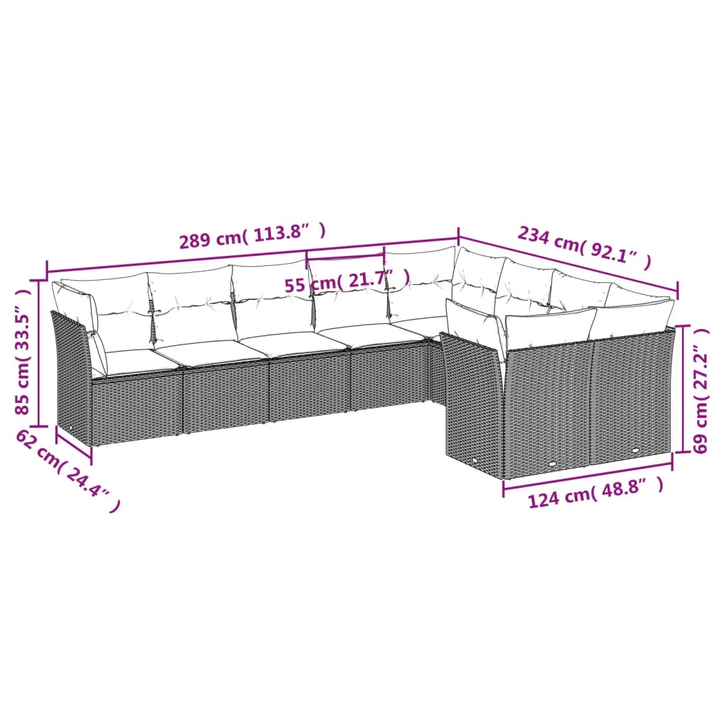 9-delige Loungeset met kussens poly rattan zwart