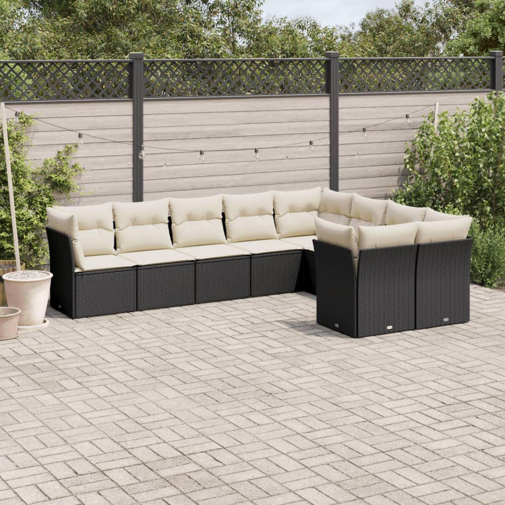 9-delige Loungeset met kussens poly rattan zwart