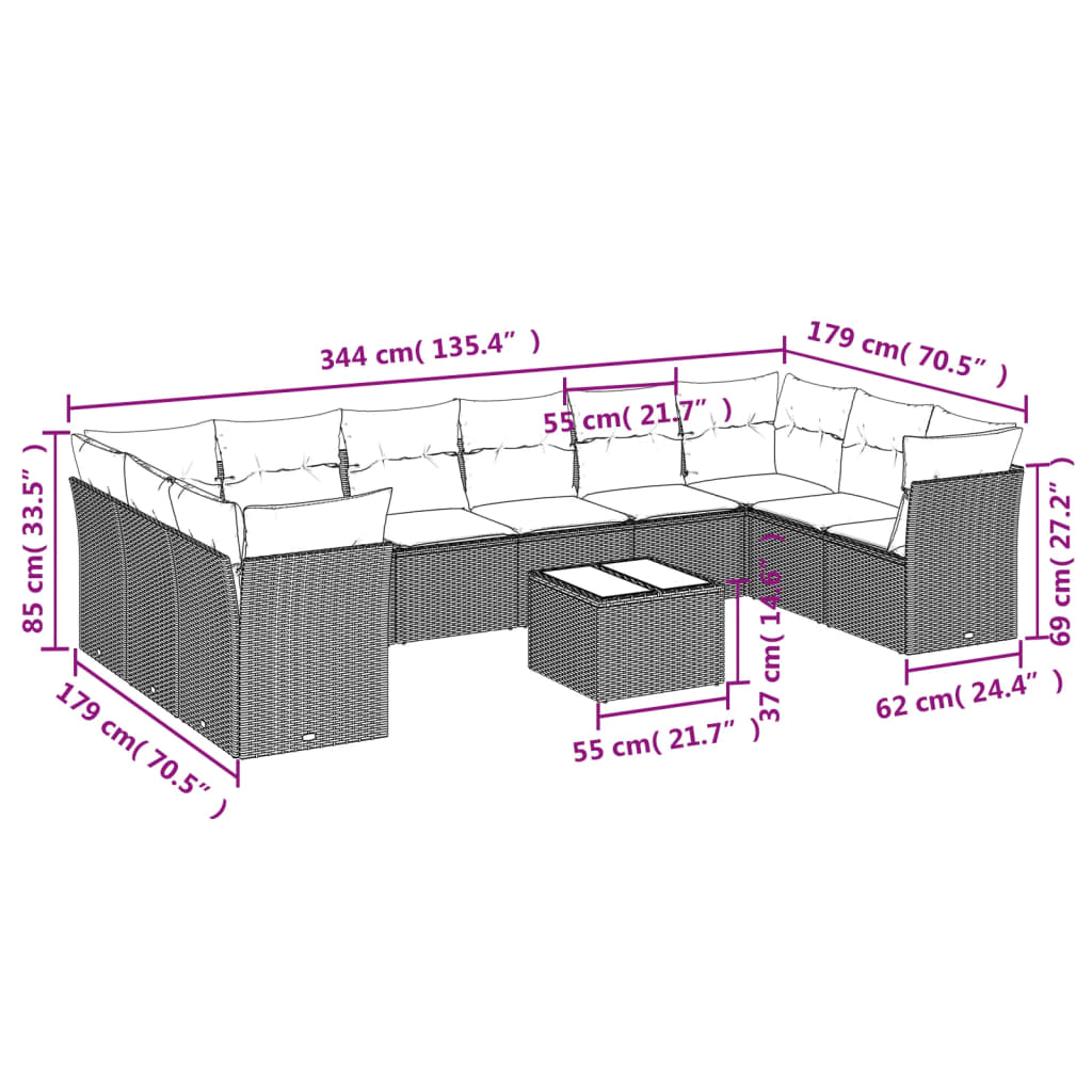 11-delige Loungeset met kussens poly rattan bruin