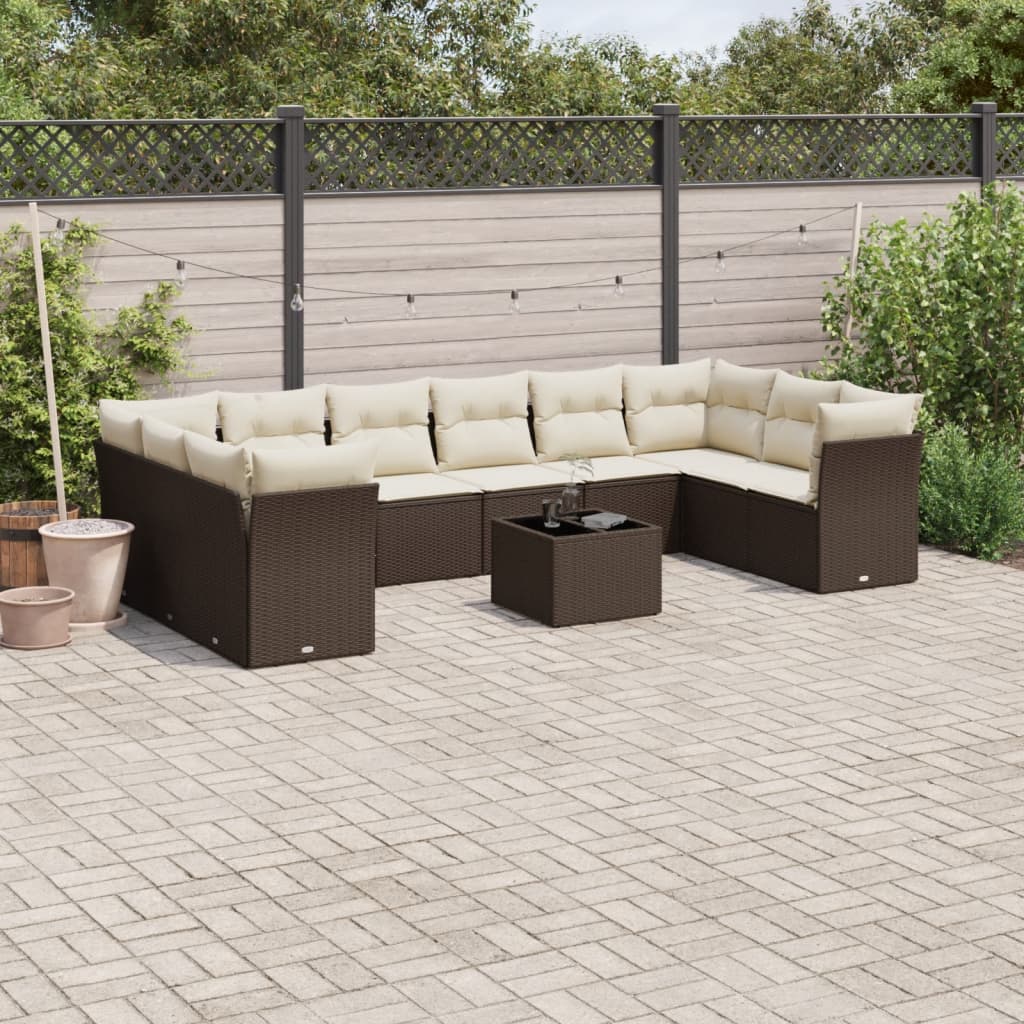 11-delige Loungeset met kussens poly rattan bruin