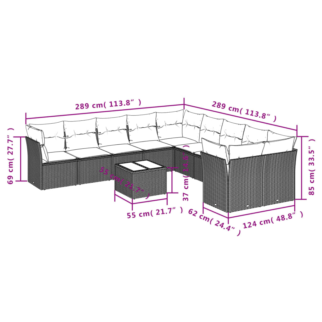 11-delige Loungeset met kussens poly rattan bruin