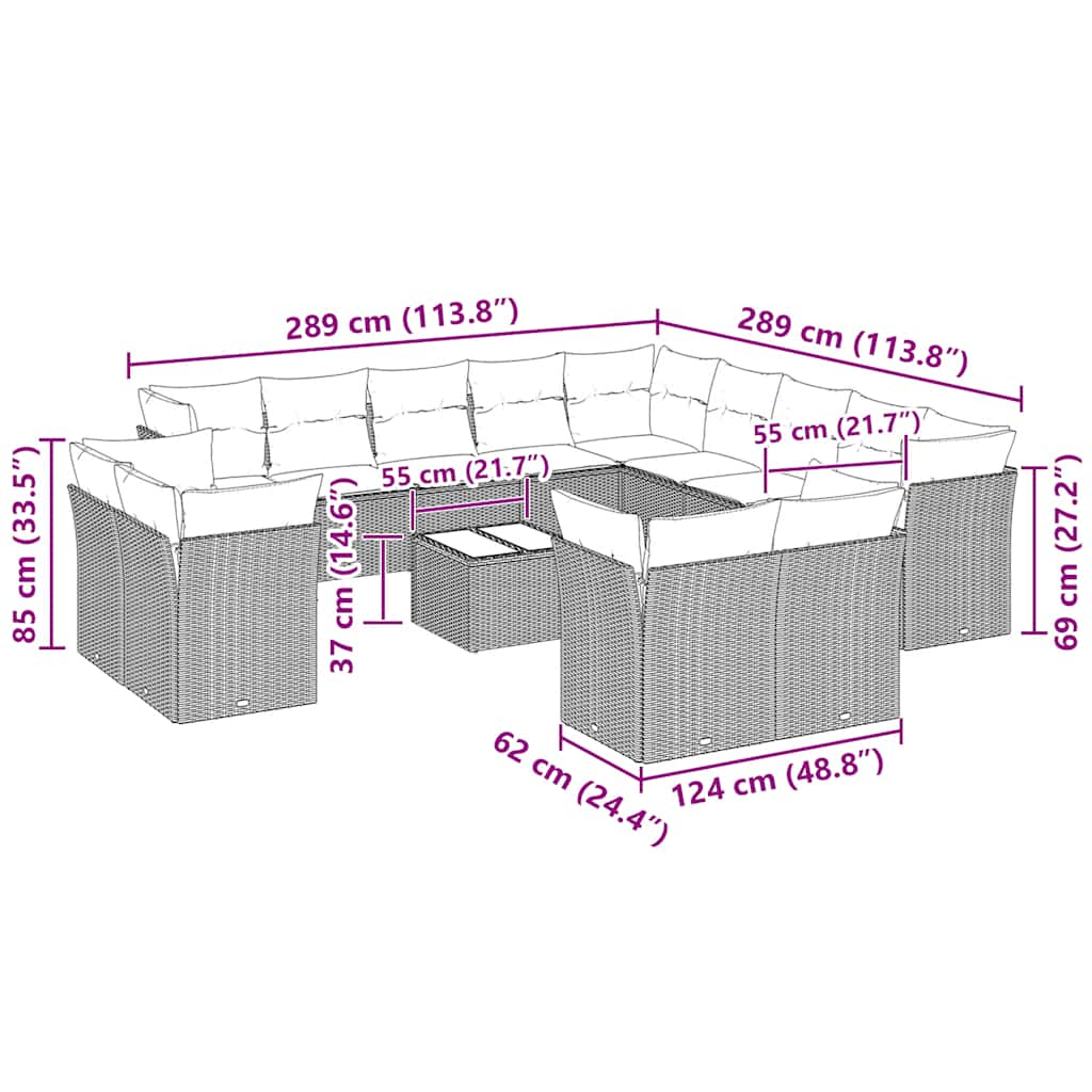 14-delige Loungeset met kussens poly rattan lichtgrijs