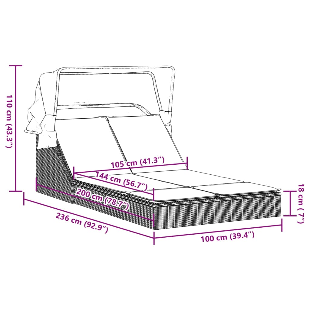 Ligbed 2-persoons met luifel en kussens poly rattan bruin