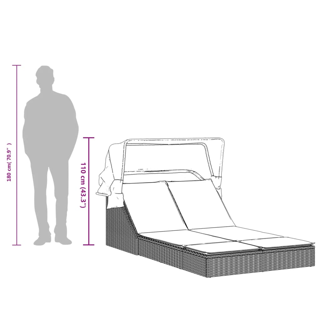 Ligbed 2-persoons met luifel en kussens poly rattan bruin