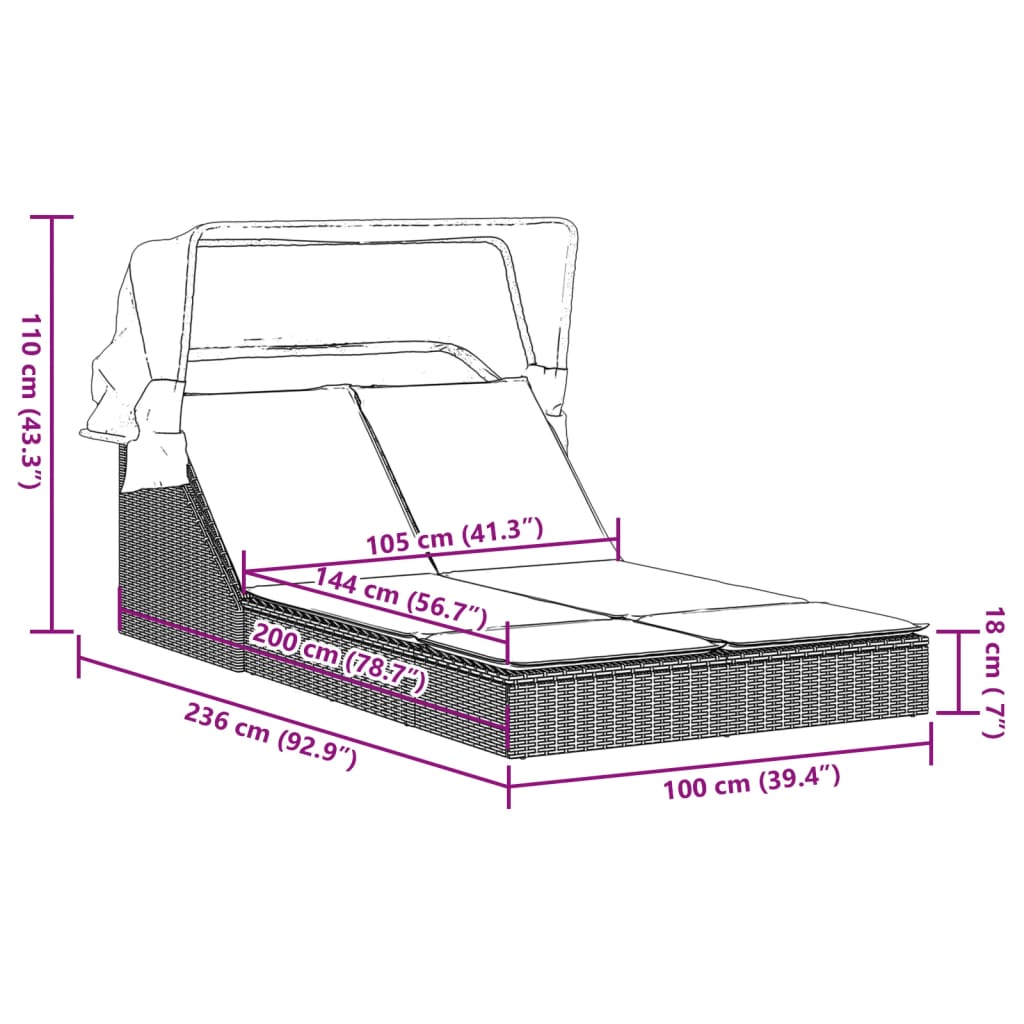 Ligbed 2-persoons met luifel en kussens poly rattan grijs