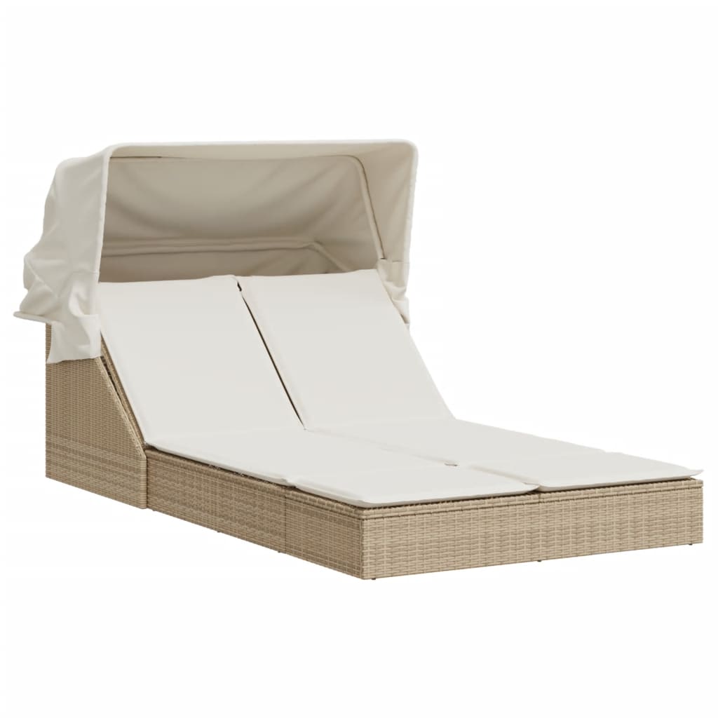 Ligbed 2-persoons met luifel en kussens poly rattan beige