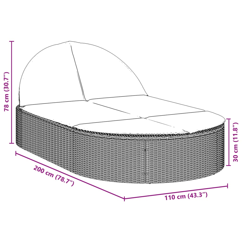 Ligbed 2-persoons met kussens poly rattan zwart