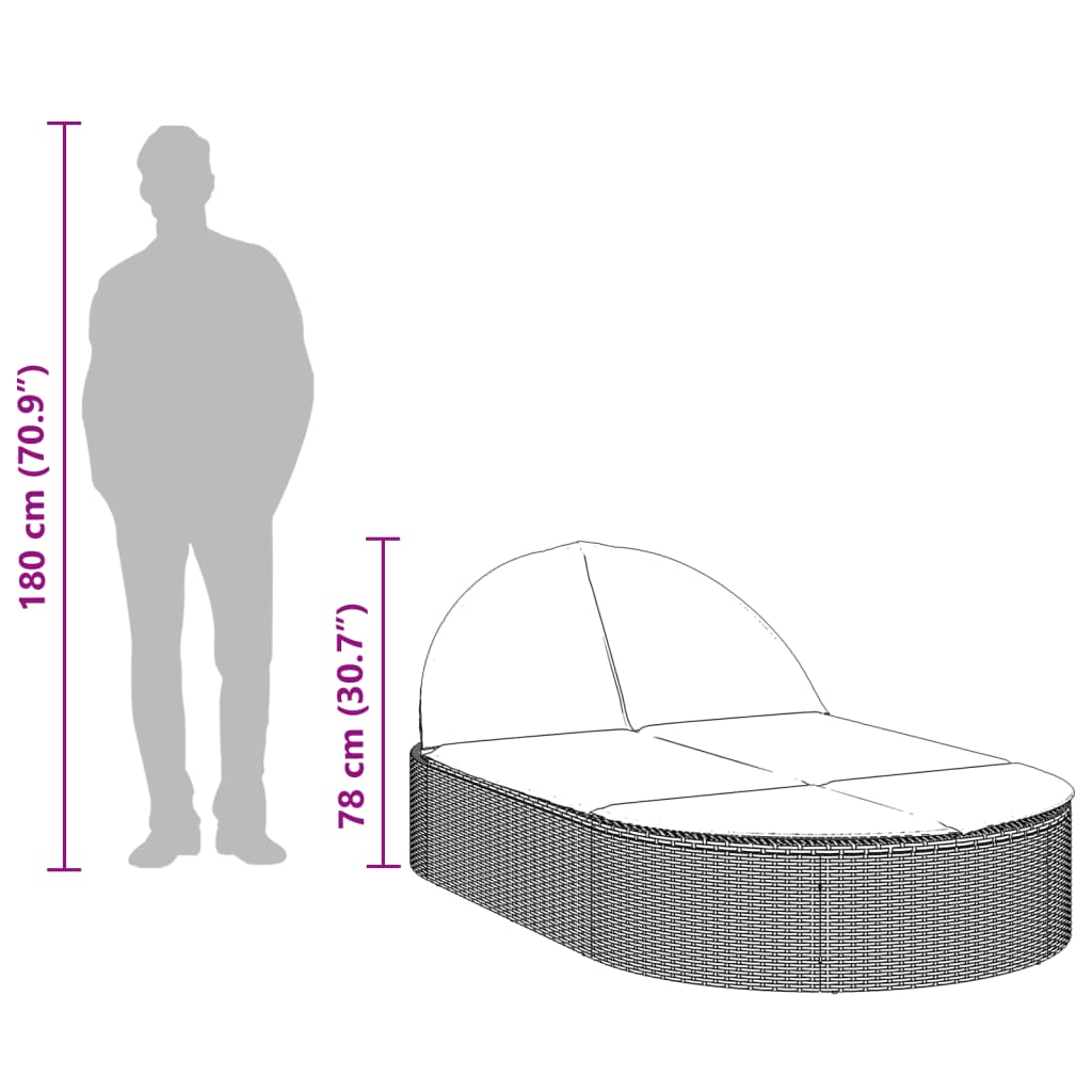 Ligbed 2-persoons met kussens poly rattan lichtgrijs