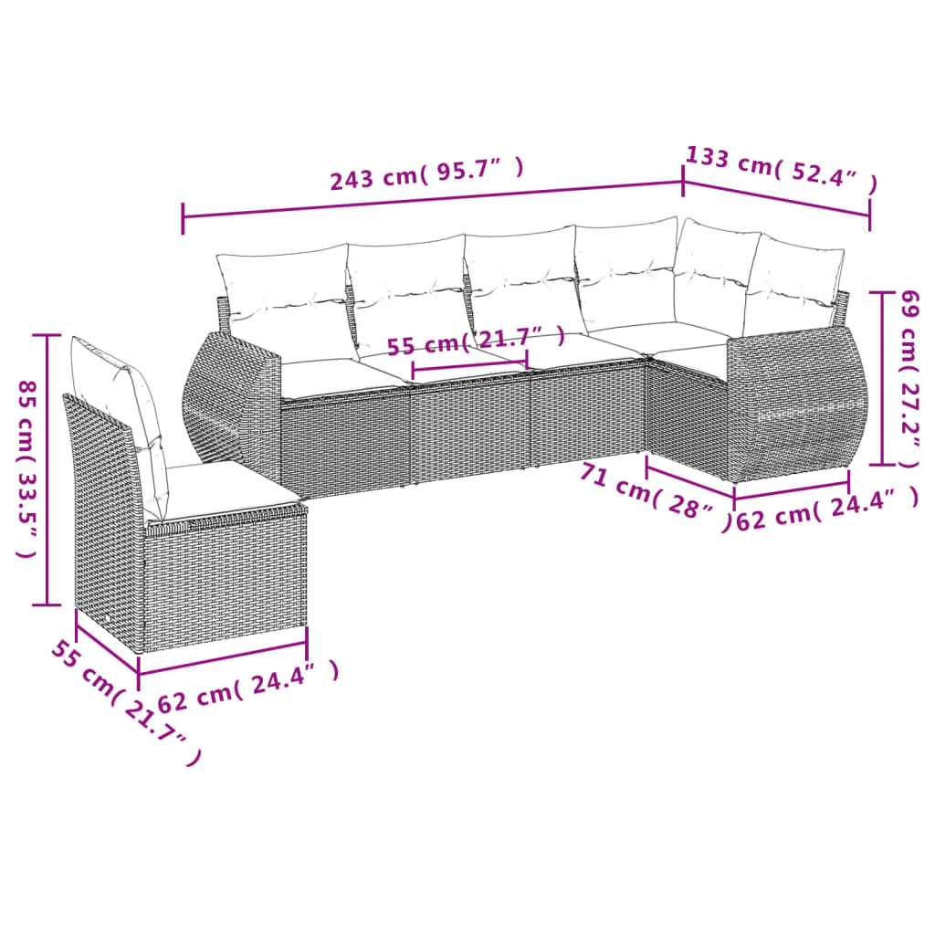 6-delige Loungeset met kussens poly rattan lichtgrijs