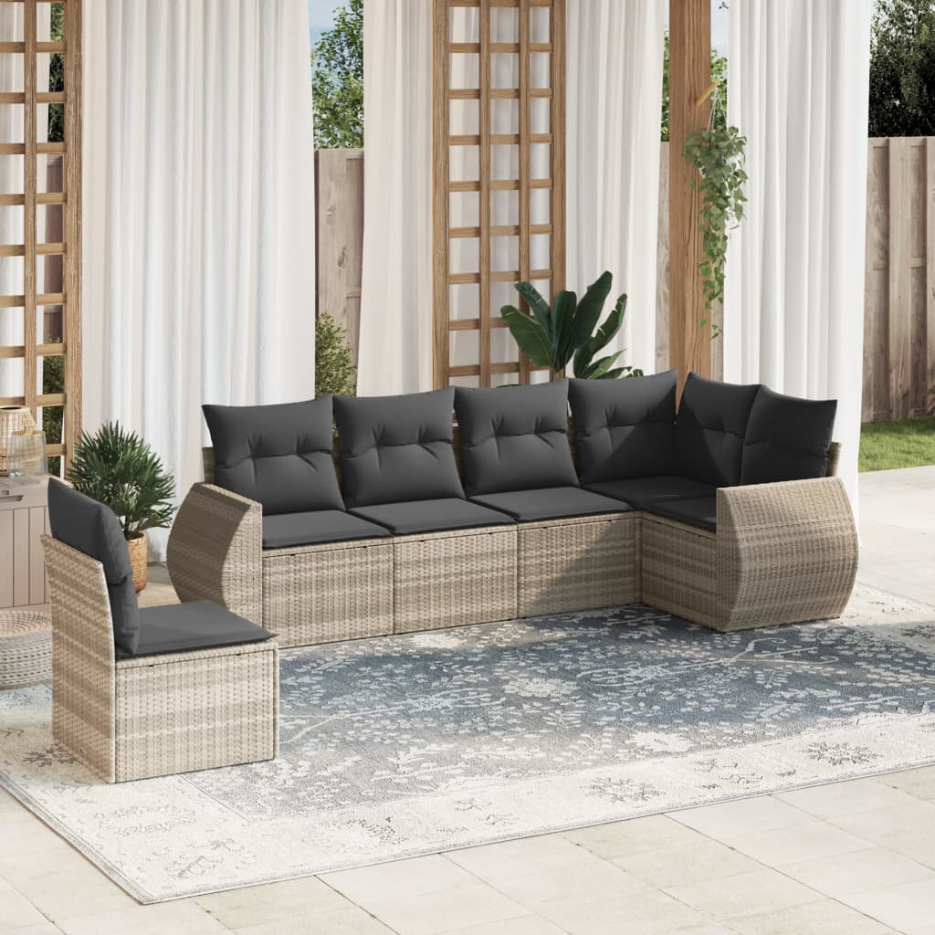 6-delige Loungeset met kussens poly rattan lichtgrijs