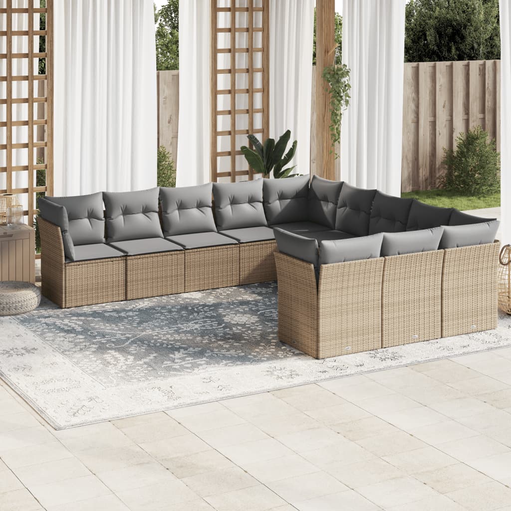 11-delige Tuinset met kussens poly rattan beige