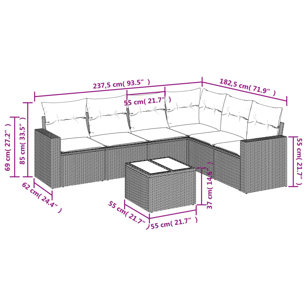 7-delige Loungeset met kussens poly rattan bruin