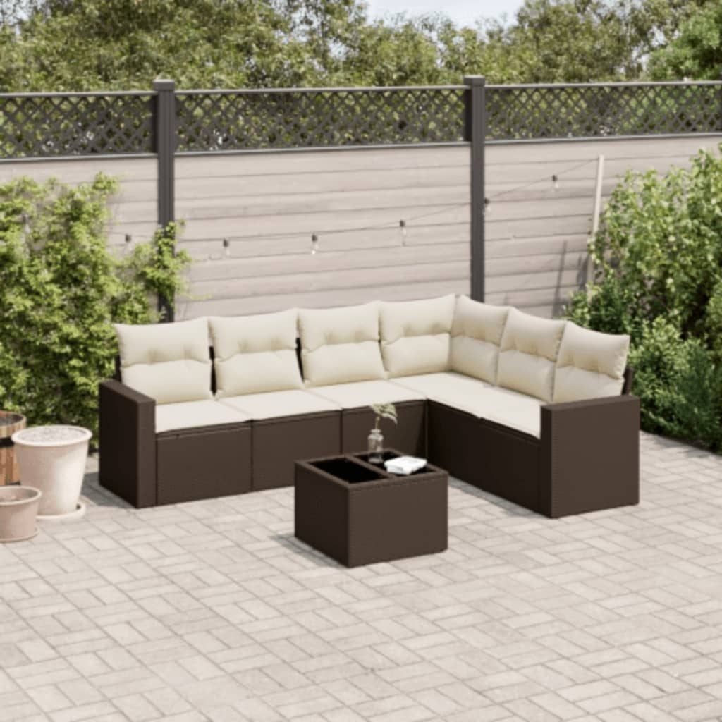 7-delige Loungeset met kussens poly rattan bruin