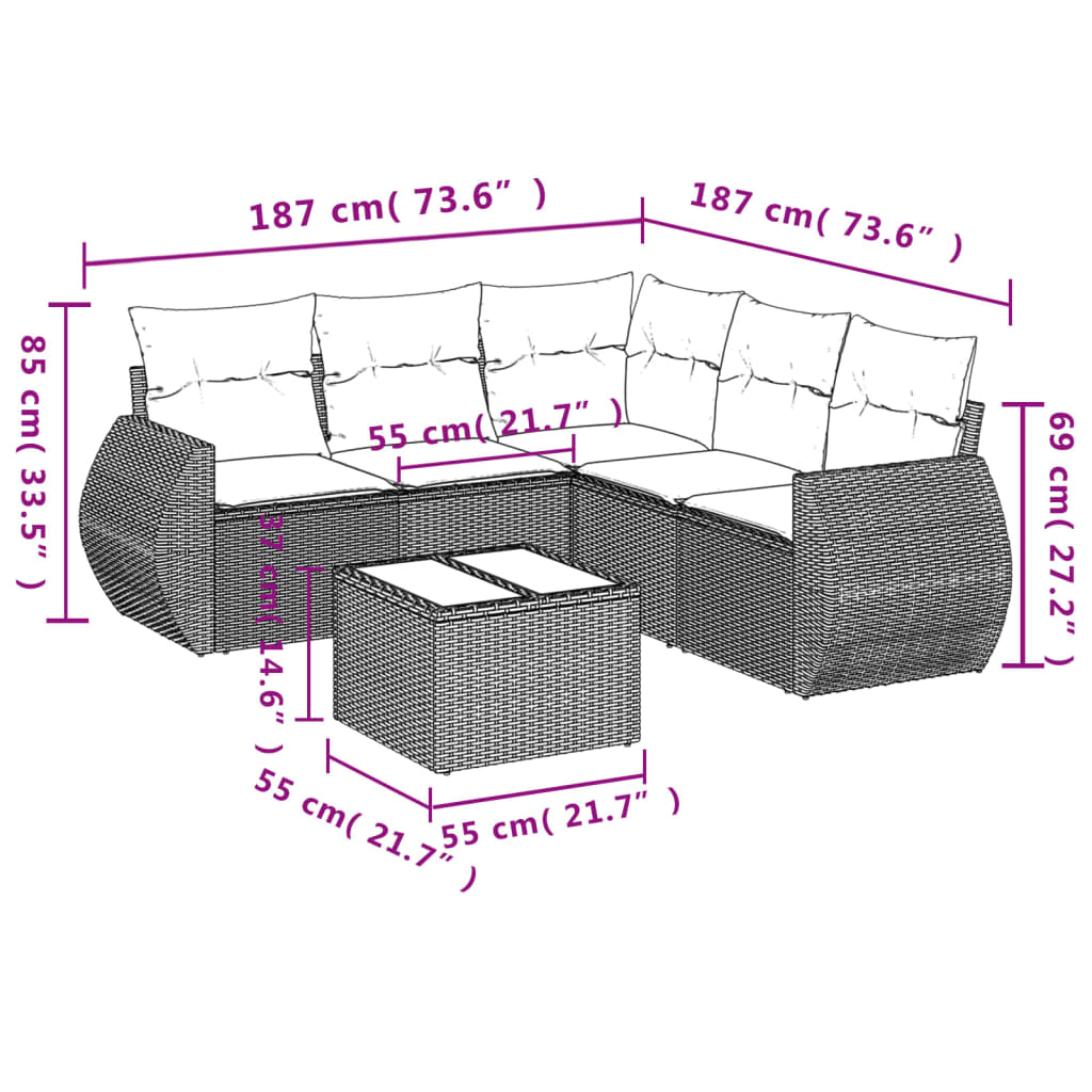 6-delige Loungeset met kussens poly rattan lichtgrijs