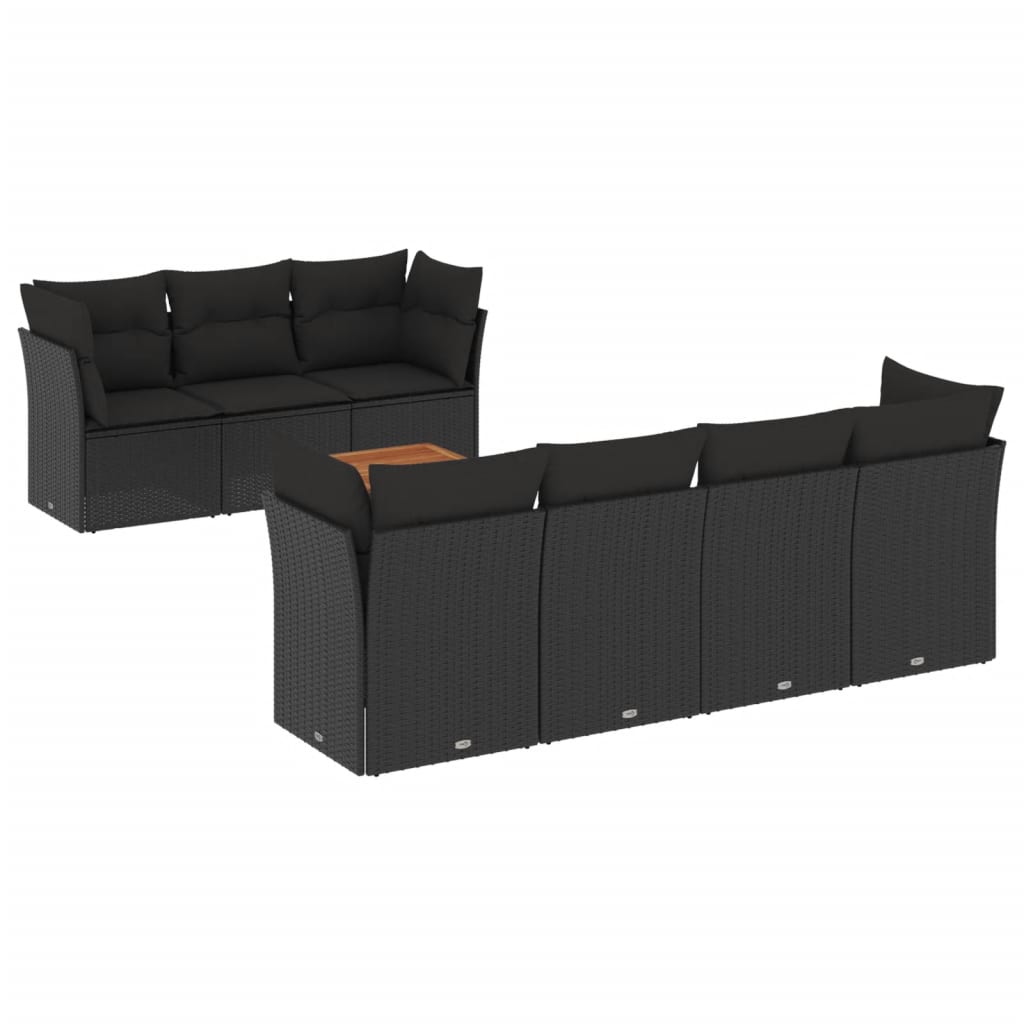 8-delige Loungeset met kussens poly rattan zwart