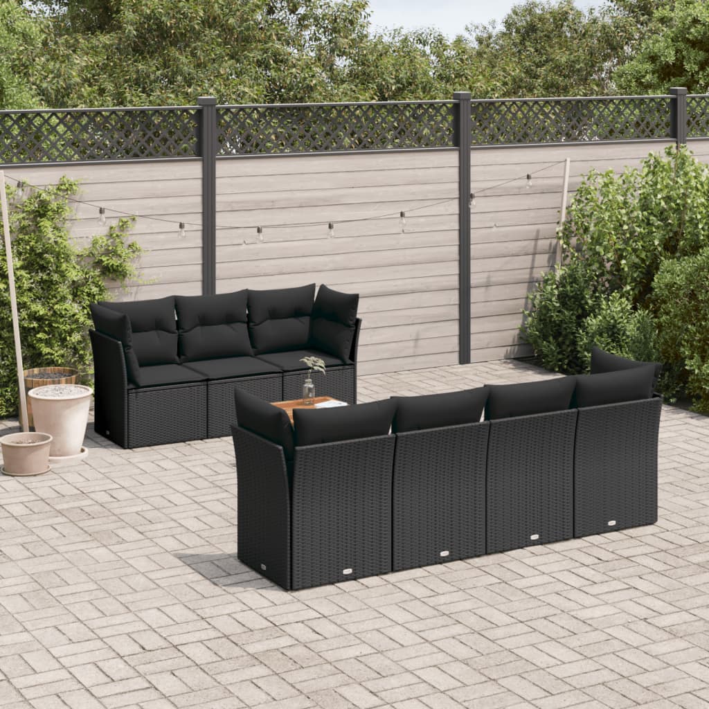 8-delige Loungeset met kussens poly rattan zwart