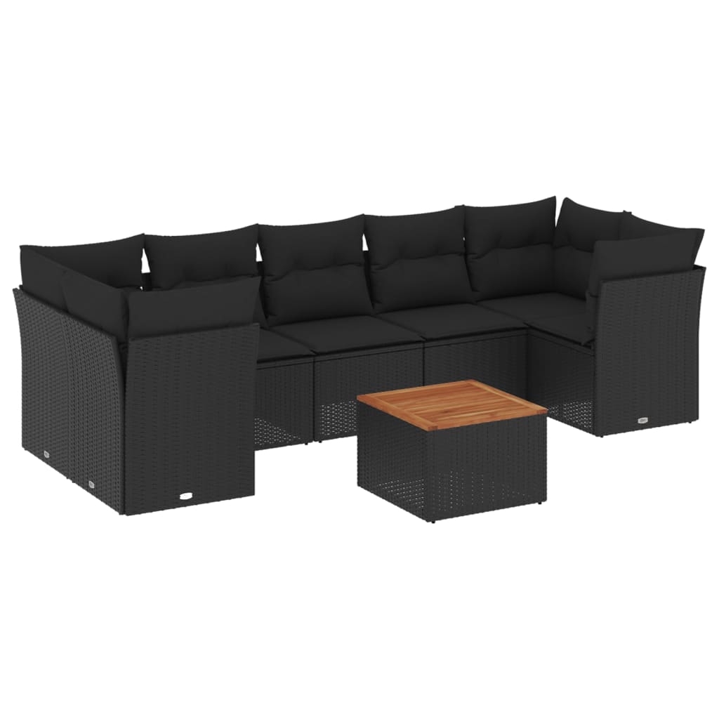 8-delige Loungeset met kussens poly rattan zwart