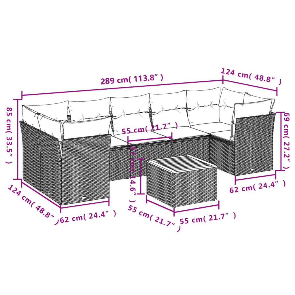 8-delige Loungeset met kussens poly rattan zwart