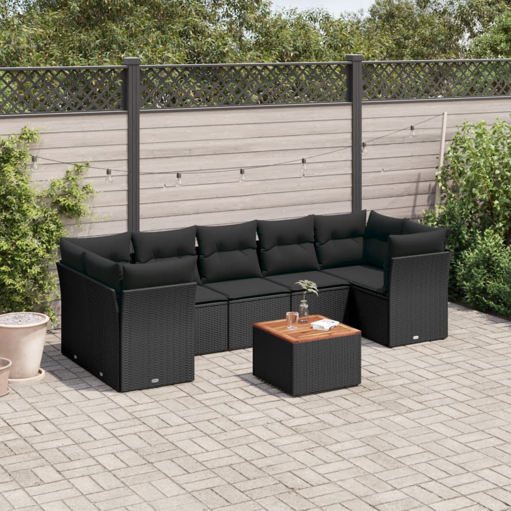 8-delige Loungeset met kussens poly rattan zwart