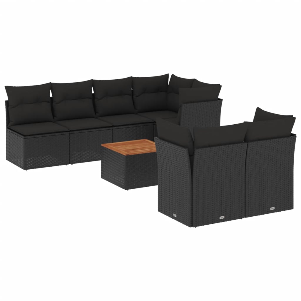 8-delige Loungeset met kussens poly rattan zwart