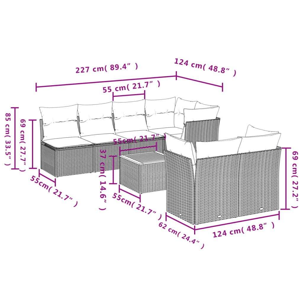 8-delige Loungeset met kussens poly rattan zwart