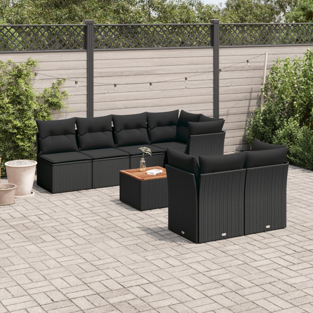 8-delige Loungeset met kussens poly rattan zwart