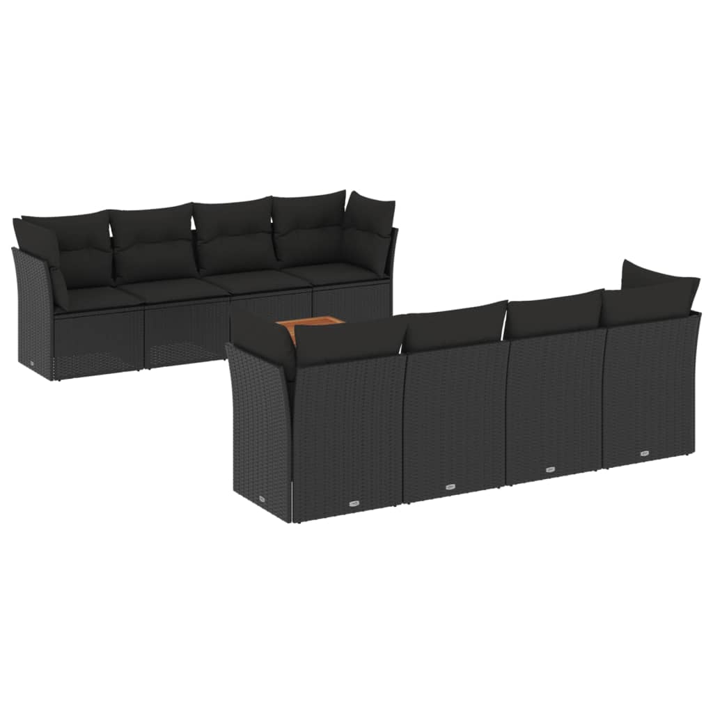 9-delige Loungeset met kussens poly rattan zwart