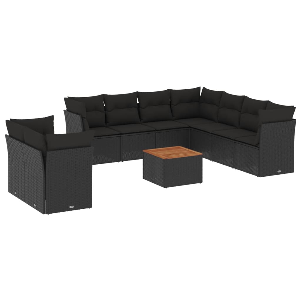 11-delige Loungeset met kussens poly rattan zwart