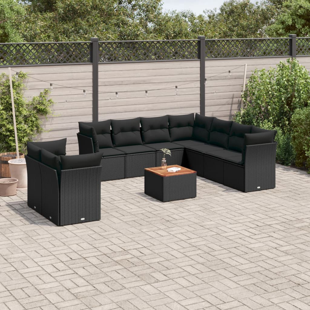 11-delige Loungeset met kussens poly rattan zwart