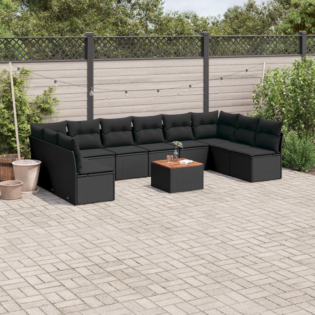 11-delige Loungeset met kussens poly rattan zwart