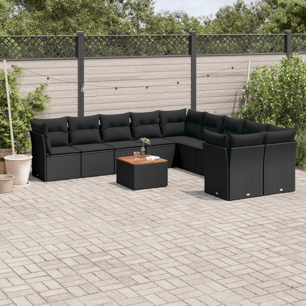 11-delige Loungeset met kussens poly rattan zwart