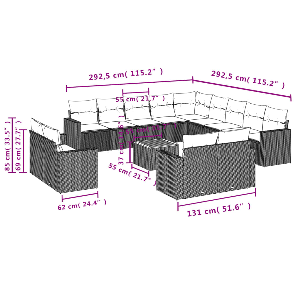 14-delige Loungeset met kussens poly rattan gemengd beige