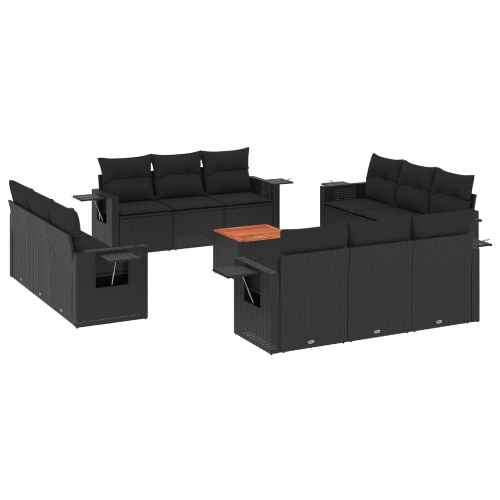 13-delige Loungeset met kussens poly rattan zwart