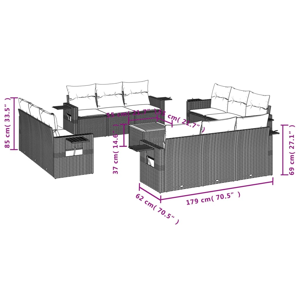 13-delige Loungeset met kussens poly rattan zwart