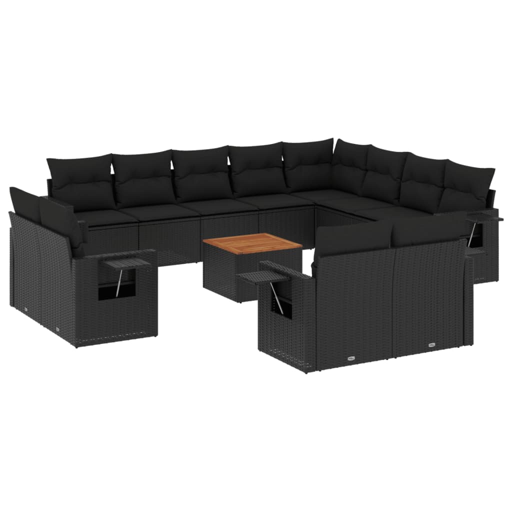 13-delige Loungeset met kussens poly rattan zwart