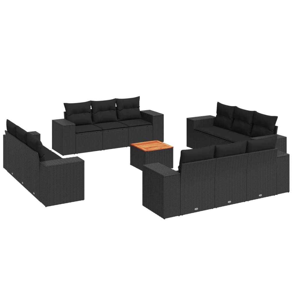 13-delige Loungeset met kussens poly rattan zwart