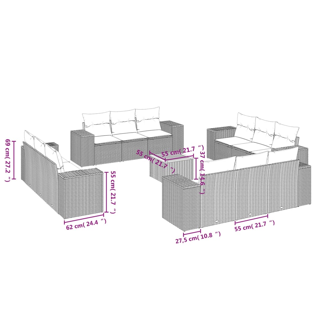 13-delige Loungeset met kussens poly rattan zwart