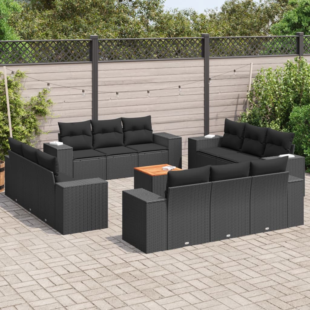 13-delige Loungeset met kussens poly rattan zwart