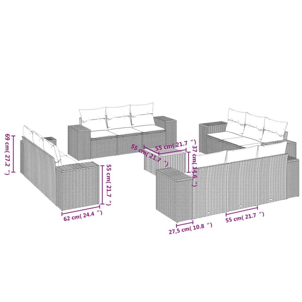 13-delige Loungeset met kussens poly rattan grijs