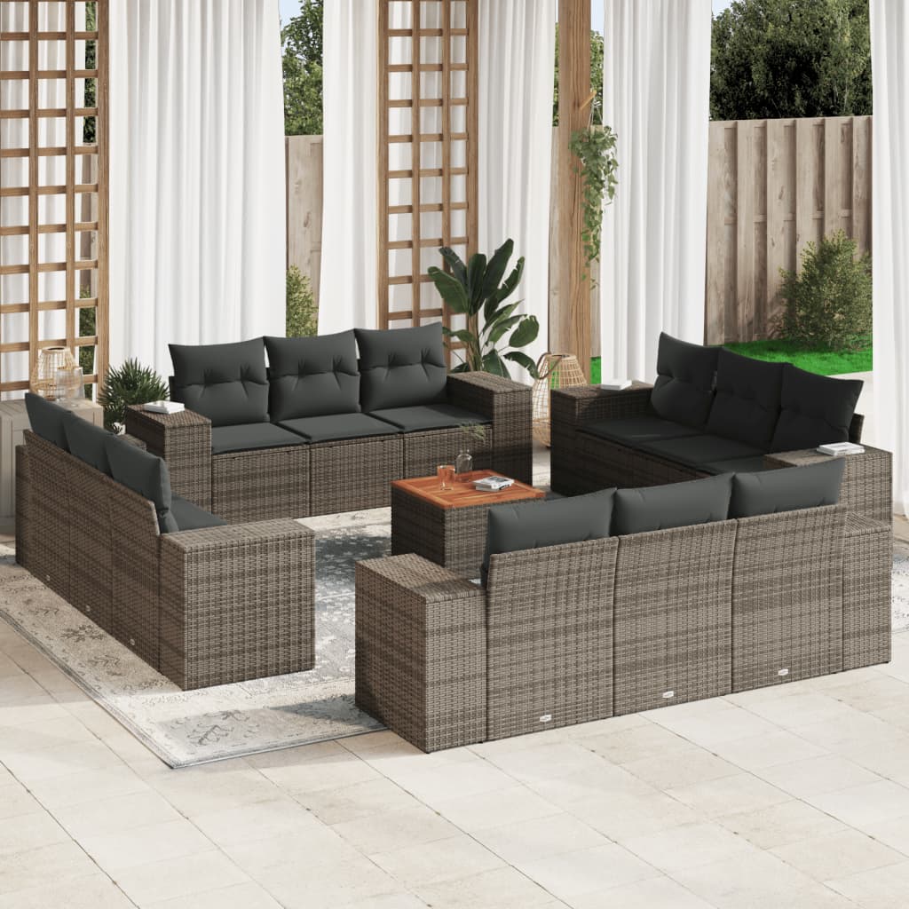 13-delige Loungeset met kussens poly rattan grijs