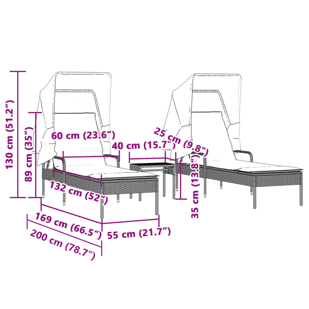 Ligbedden 2 st met luifels en tafel poly rattan zwart