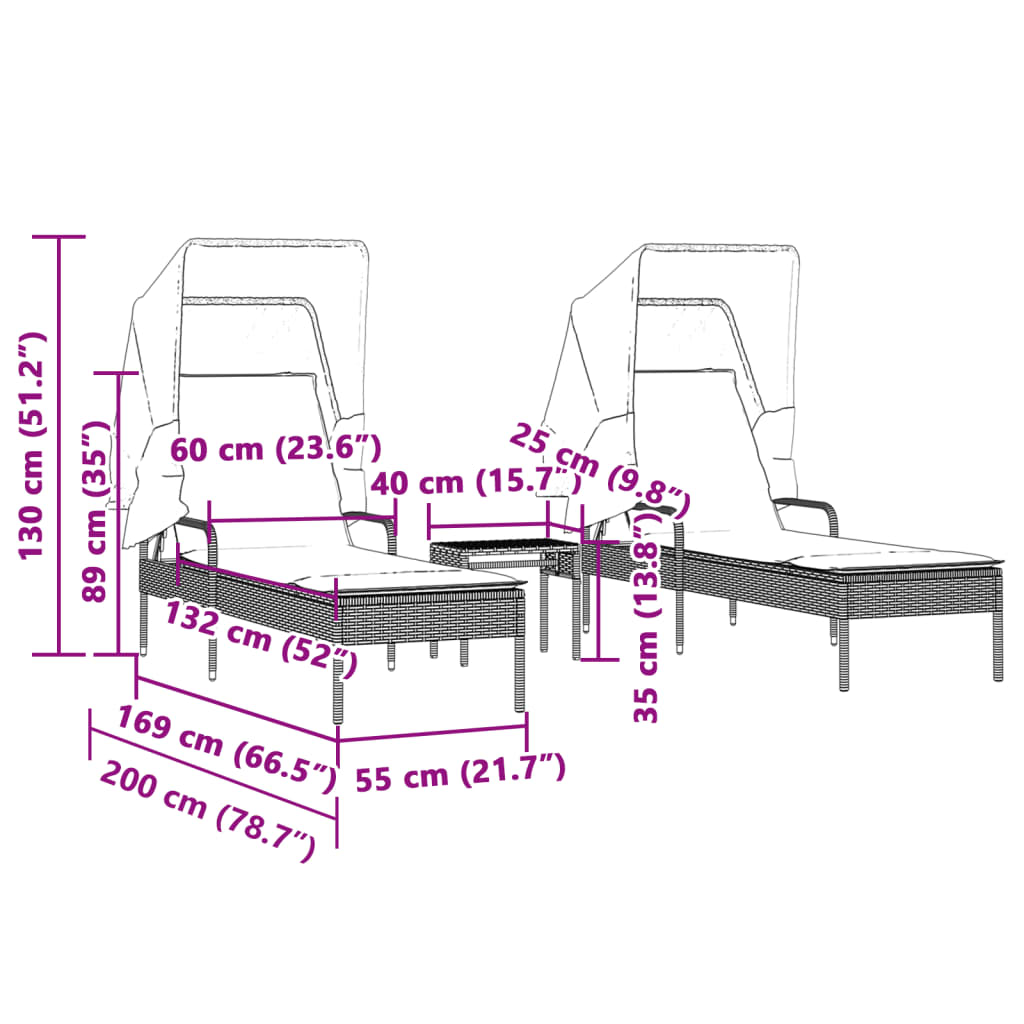 Ligbedden 2 st met luifels en tafel poly rattan lichtgrijs