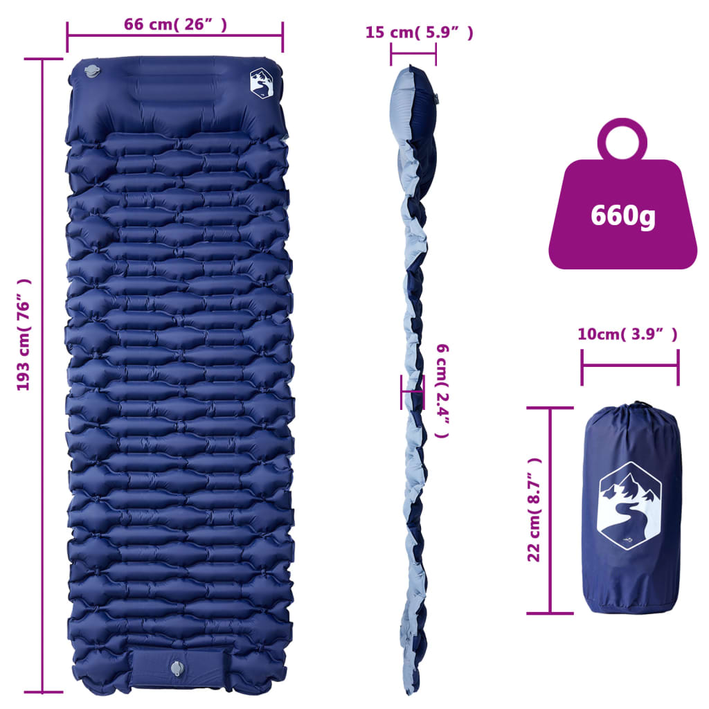 Kampeermatras met geïntegreerd kussen zelfopblazend marineblauw