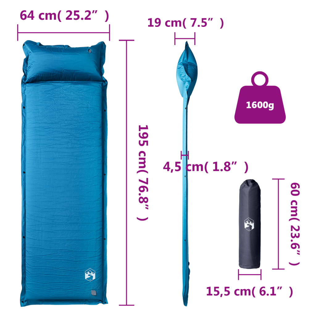 Kampeermatras met geïntegreerd kussen zelfopblazend turquoise