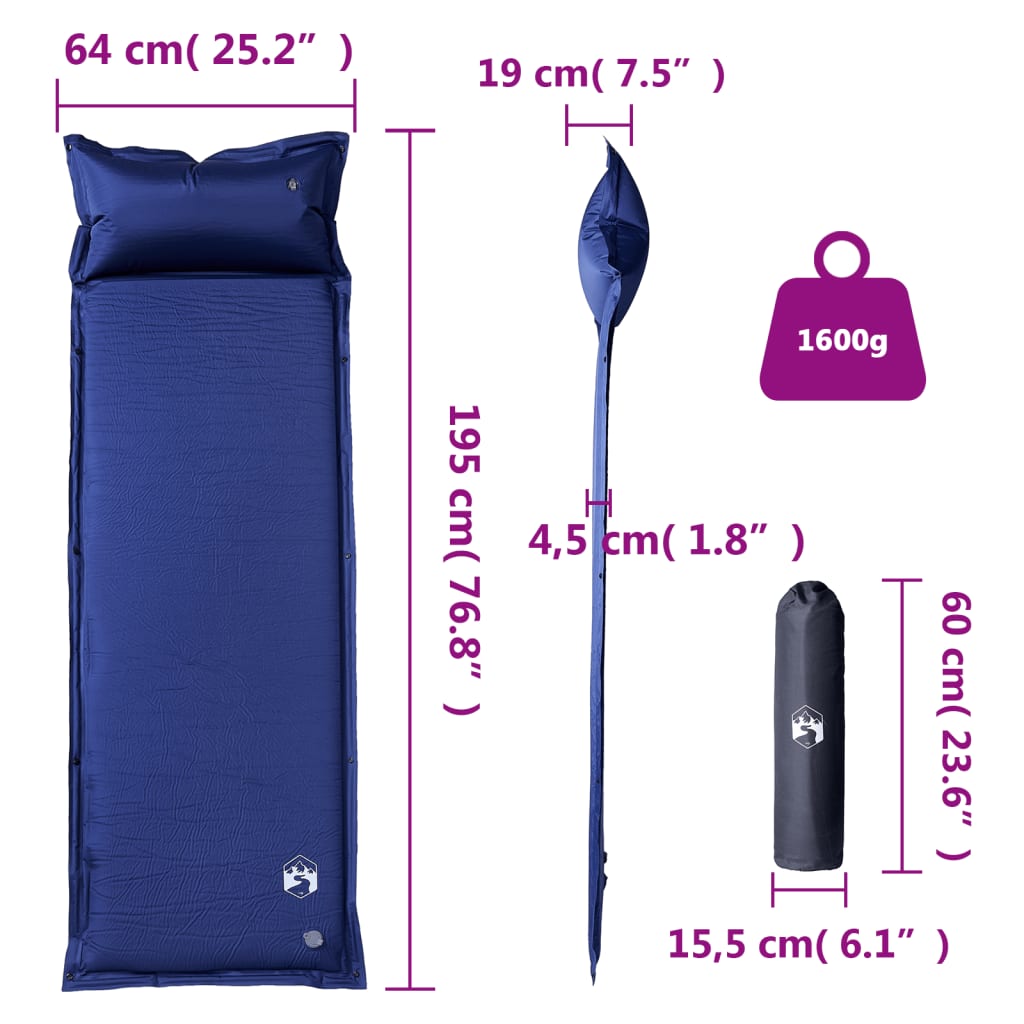 Kampeermatras met geïntegreerd kussen zelfopblazend marineblauw