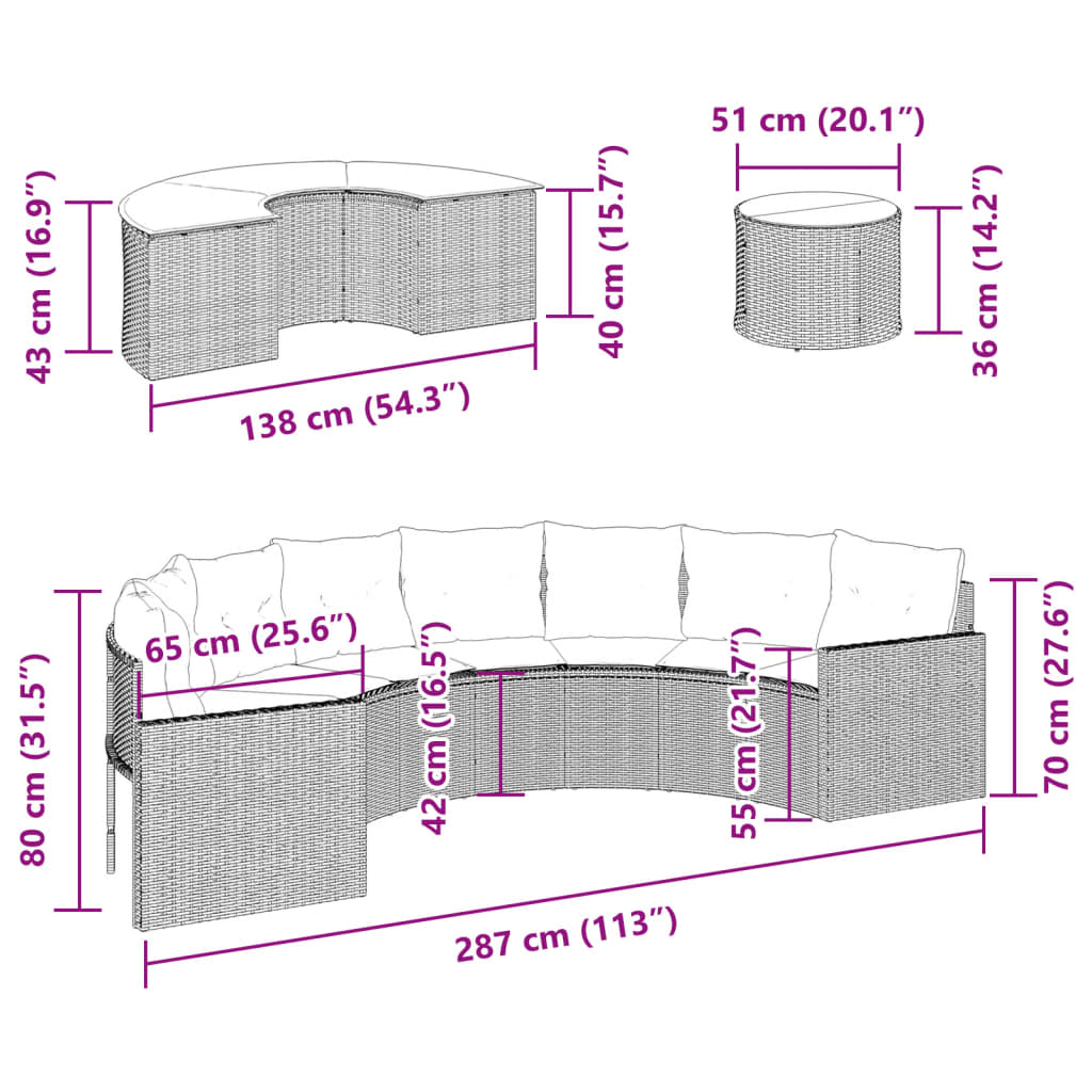 3-delige Loungeset halfrond poly rattan zwart