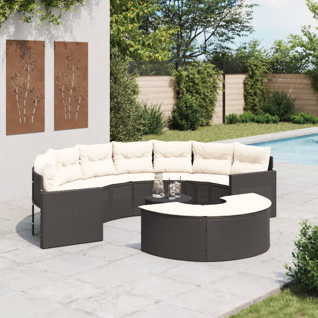 3-delige Loungeset halfrond poly rattan zwart