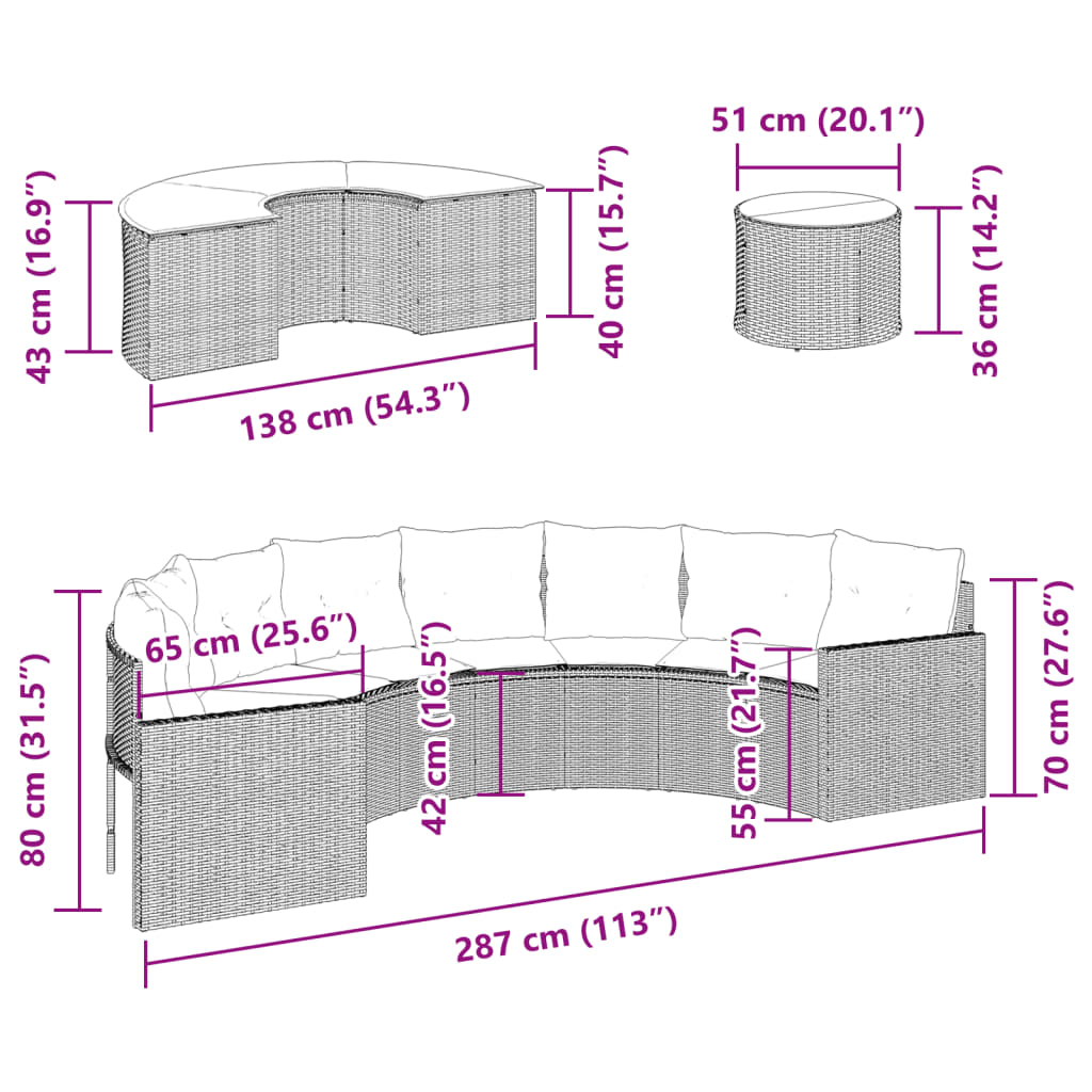 3-delige Loungeset halfrond poly rattan grijs