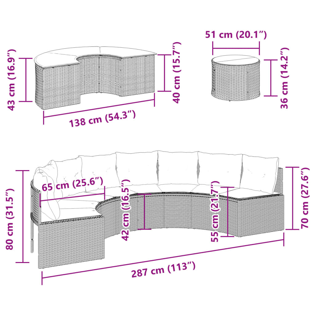 3-delige Loungeset halfrond poly rattan grijs